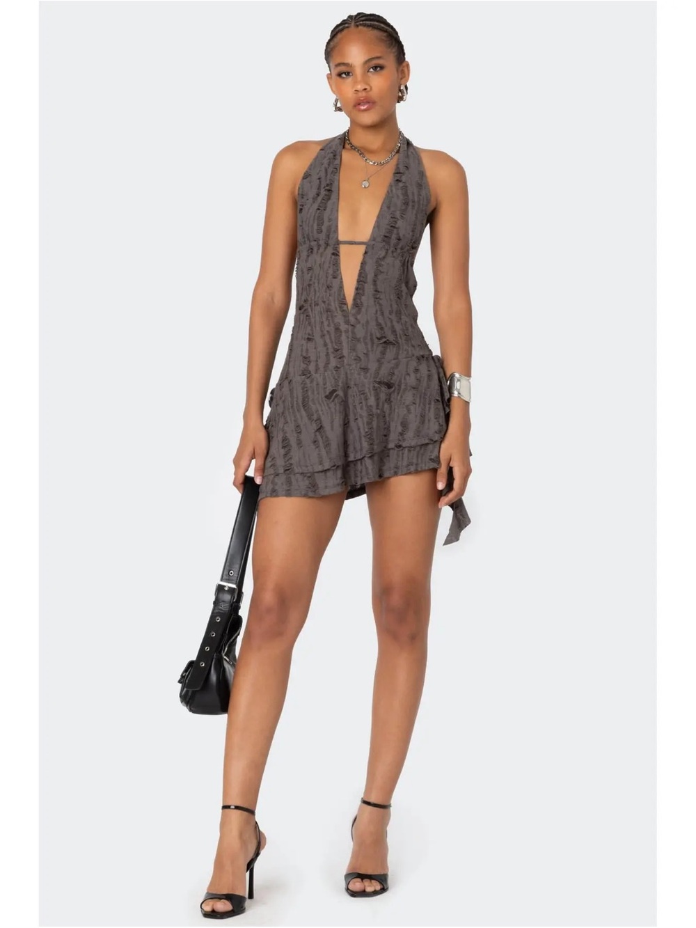 Plunging Halter Mini Dress in Taupe
